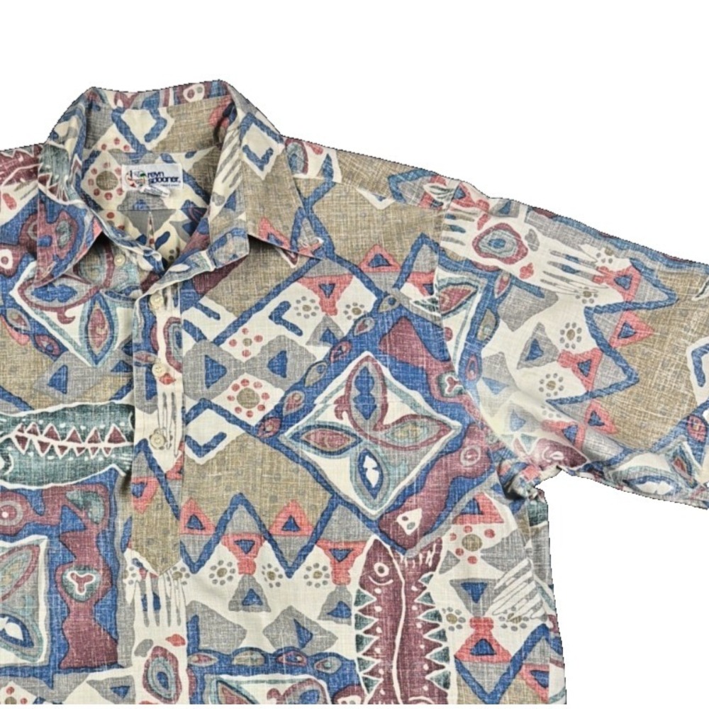 Reyn Spooner Large Hawaiian Shirt Abstract Tribal Fish Reverse Print Tan Blue